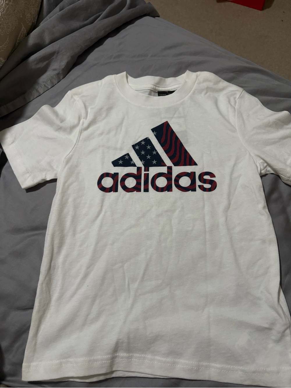 adidas White T-Shirt with Red & Blue Flag Logo